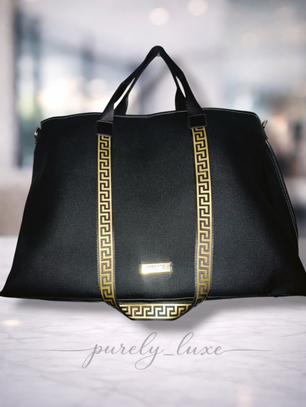 Versace fragrance Weekender black Tote with Gold Greek Key Straps